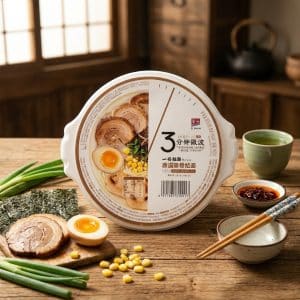 Archives Round instant ramen cup on a wooden table with slices of pork, half an egg, corn, and greens beside it; chopsticks, dipping sauces, and a green teacup also visible as a rustic kitchen scene.