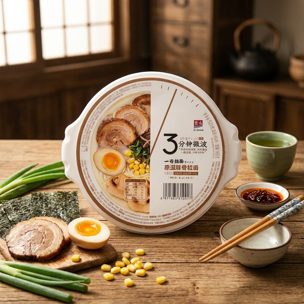 zishaninstantnoodles520glifestyle | Snack Affair Archives Round instant ramen cup on a wooden table with slices of pork, half an egg, corn, and greens beside it; chopsticks, dipping sauces, and a green teacup also visible as a rustic kitchen scene.
