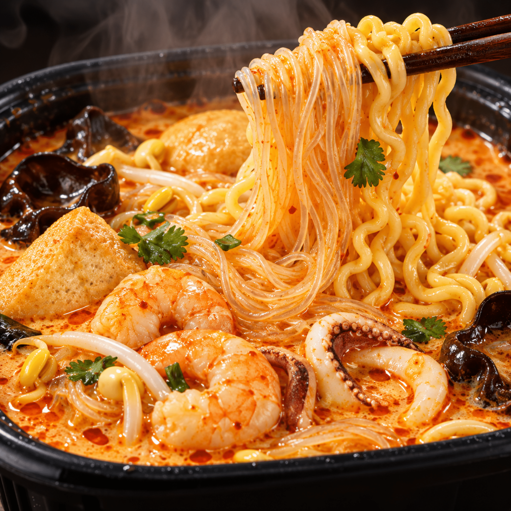 Haidilao Singapore Style Laksa Seafood SelfHeating Hotpot 368g Cooked Noodles Close Up | Snack Affair Archives Spicy noodle soup in a black pot with shrimp, mushrooms, cilantro, and chili oil.
