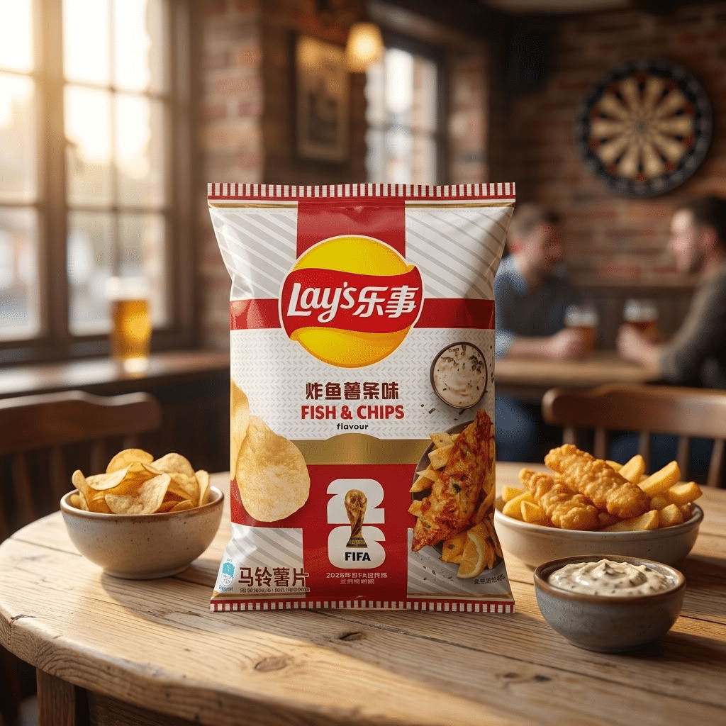 Lays fish and chips 2 | Snack Affair Archives Bag of Lay's Fish & Chips flavor potato chips on a wooden table in a pub-like setting with bowls of chips and dips nearby