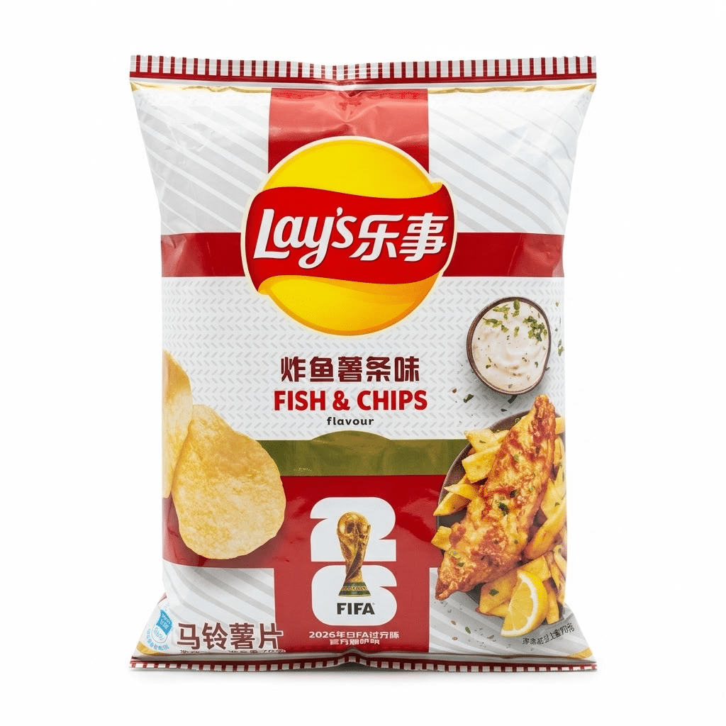 Lays fish and chips | Snack Affair Archives Lay's Fish & Chips flavoured potato chips bag with red-yellow logo and images of chips and dipping sauce on white packled background