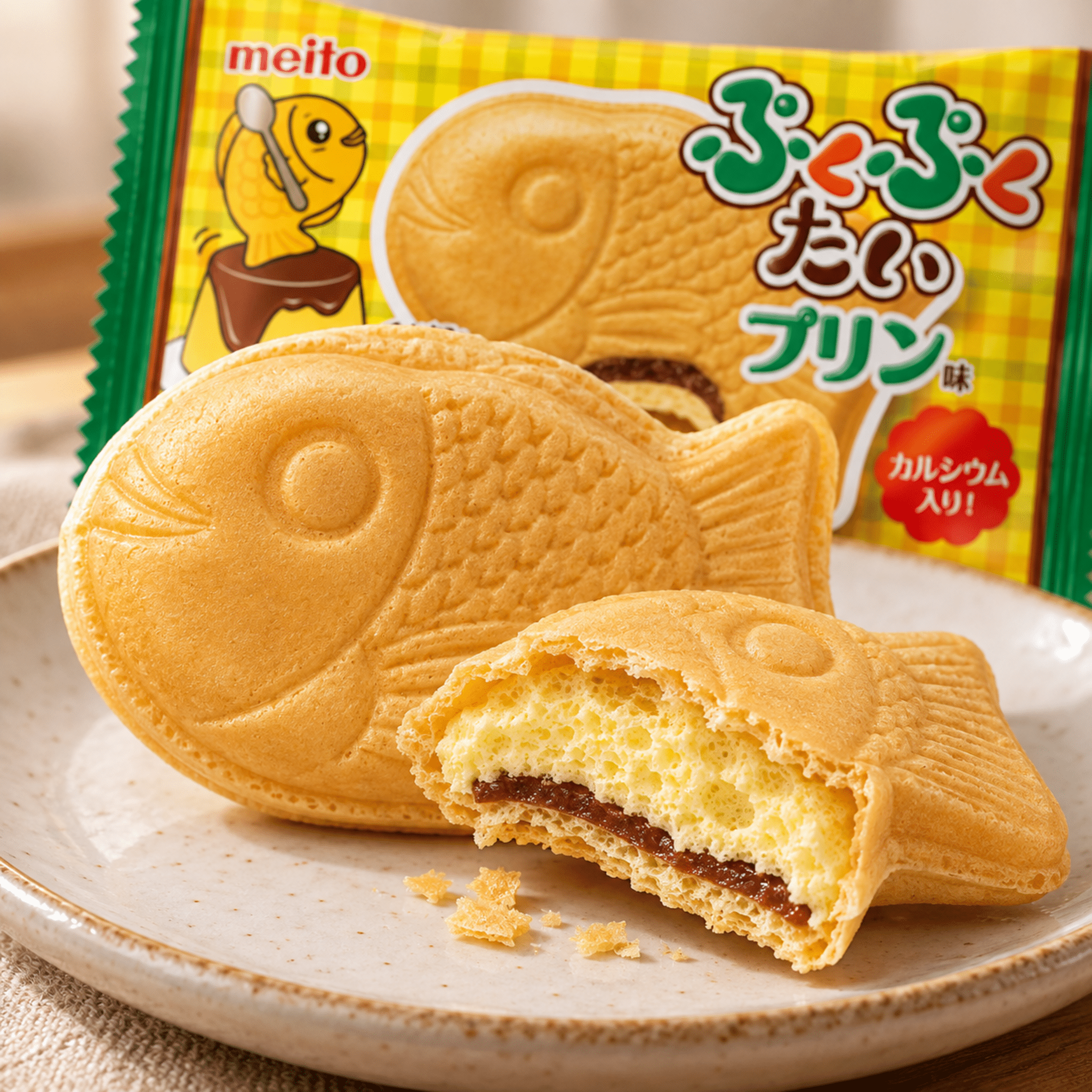 Meito Puku Puku Tai Pudding Flavour Close Up | Snack Affair Archives Round biscuits with jam filling on a plate, packaging in the background suggesting a Japanese snack