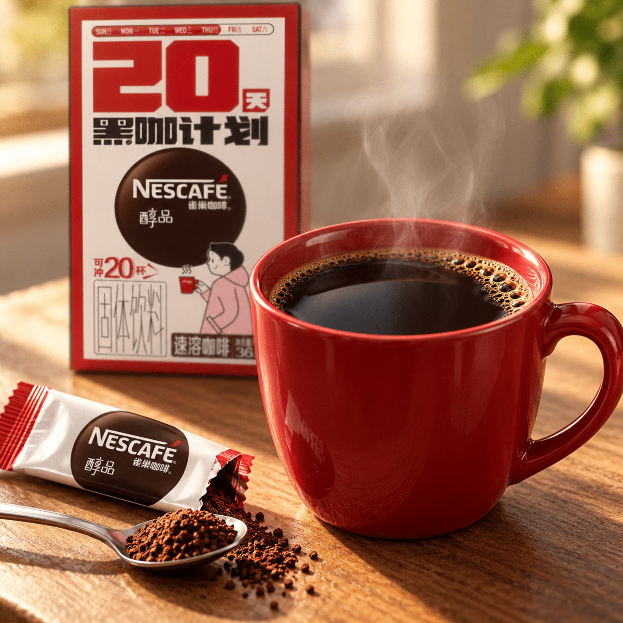 Nescafe 20 Day Black Coffee 36g Prepared Coffee Close Up | Snack Affair Archives Red Nescafé package and steaming coffee in a red mug on a wooden table, with coffee granules spilled around a spoon.