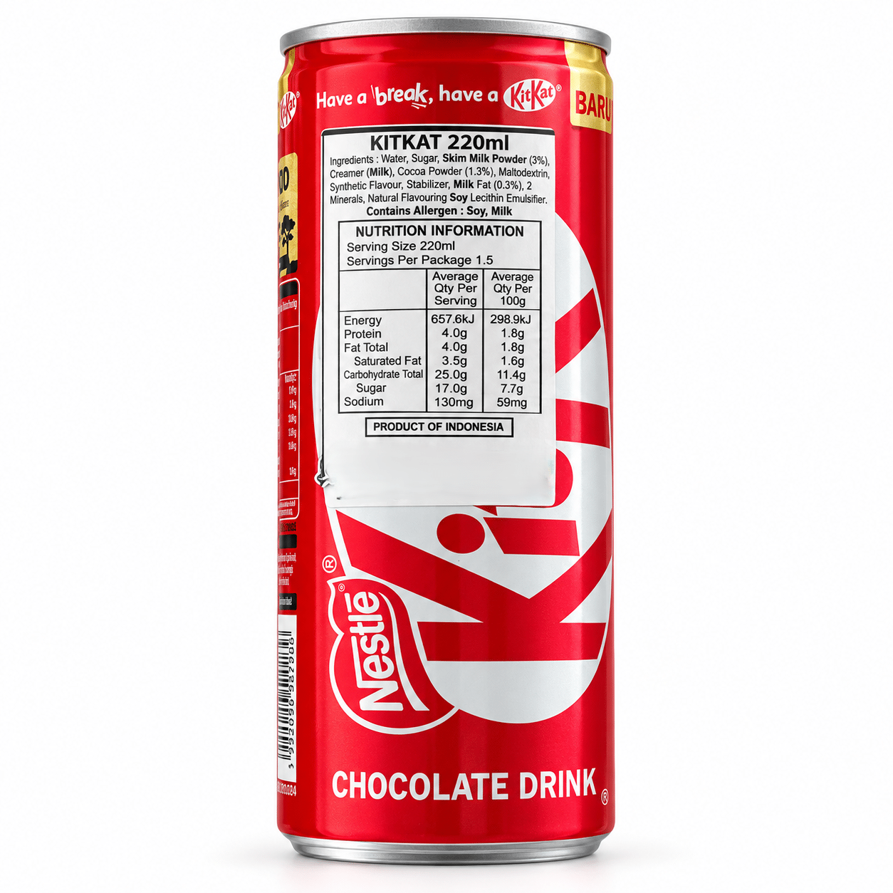 Nestle KitKat Chocolate Drink Can back | Snack Affair Archives Red Nestlé KitKat chocolate drink can shown from the side with a nutrition label on the back panel. I️t reads 'KitKat 220ml' and ingredients.