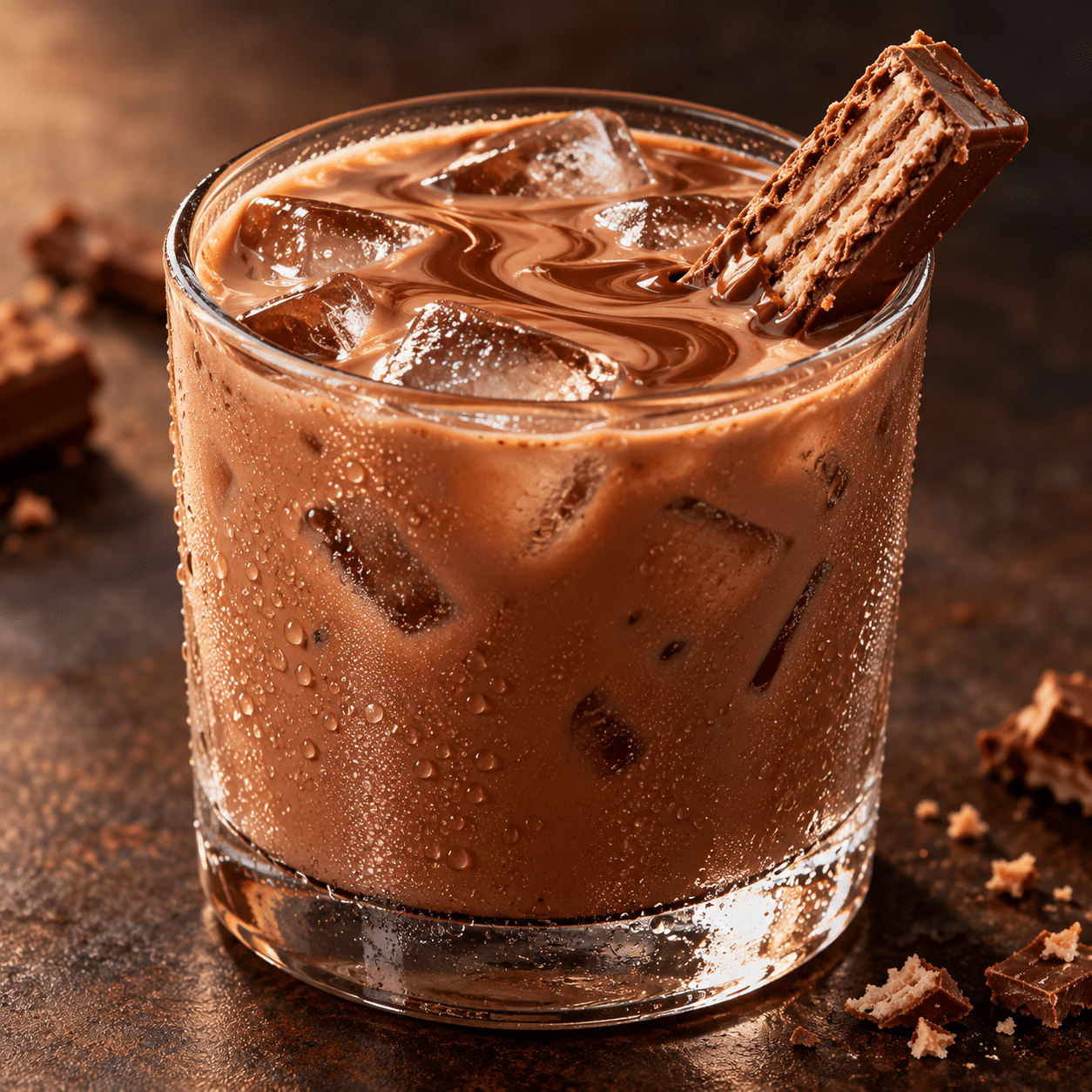 Nestle KitKat Chocolate Drink Can close up | Snack Affair Archives Glass of iced chocolate drink with ice cubes and a chocolate wafer resting on the rim, close-up detail.