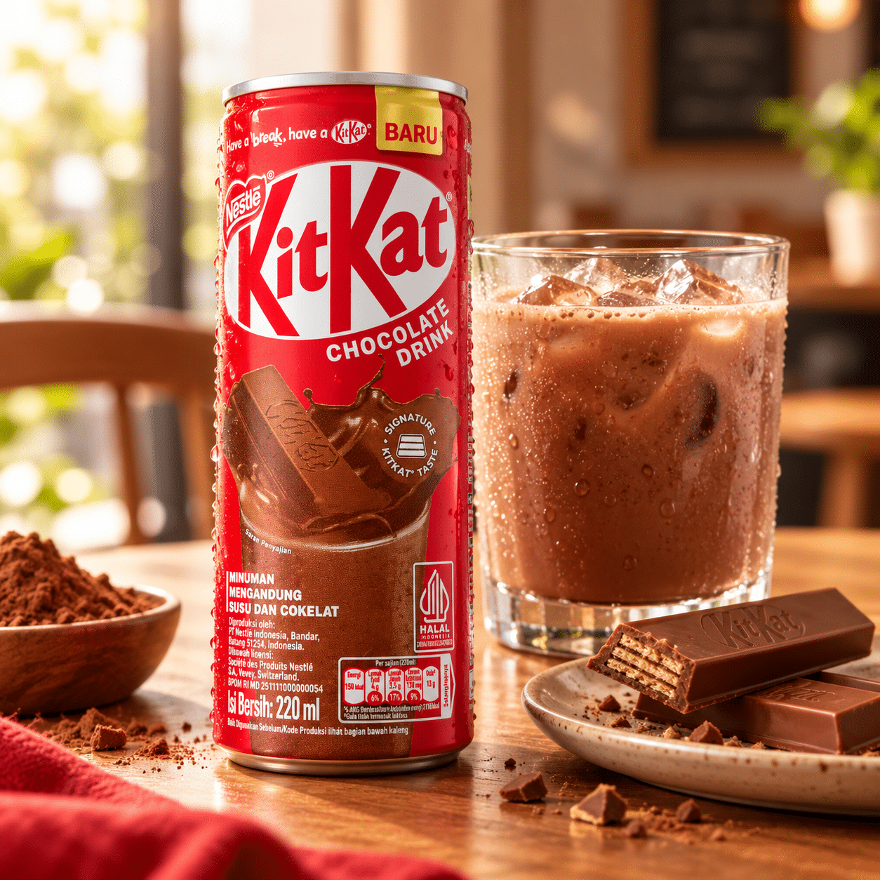 Nestle KitKat Chocolate Drink Can lifestyle | Snack Affair Archives Can of KitKat Chocolate Drink beside a glass of iced chocolate drink, with broken chocolate pieces on a plate and cocoa powder nearby in a warm cafe setting