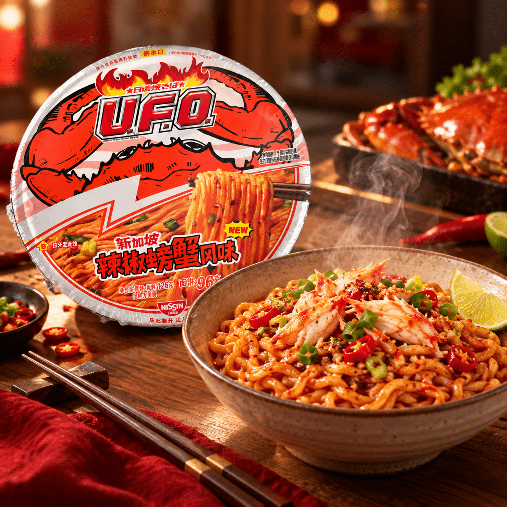 Nissin UFO Chili Crab Flavour Lifestyle | Snack Affair Archives Cup noodle package with fiery red crab illustration beside a bowl of stir-fried noodles and chopsticks on a wooden table.