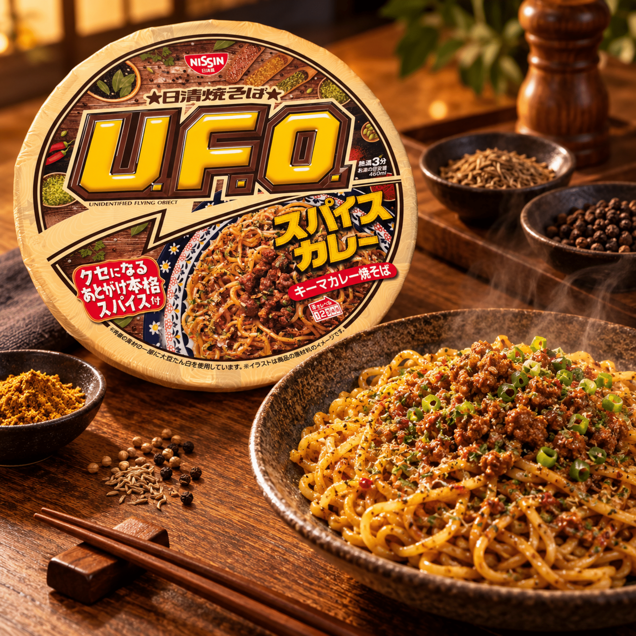 Nissin UFO Spice Curry Yakisoba Lifestyle | Snack Affair Archives Nissin cup noodles on a wooden table with bowls of prepared noodles and spices nearby.