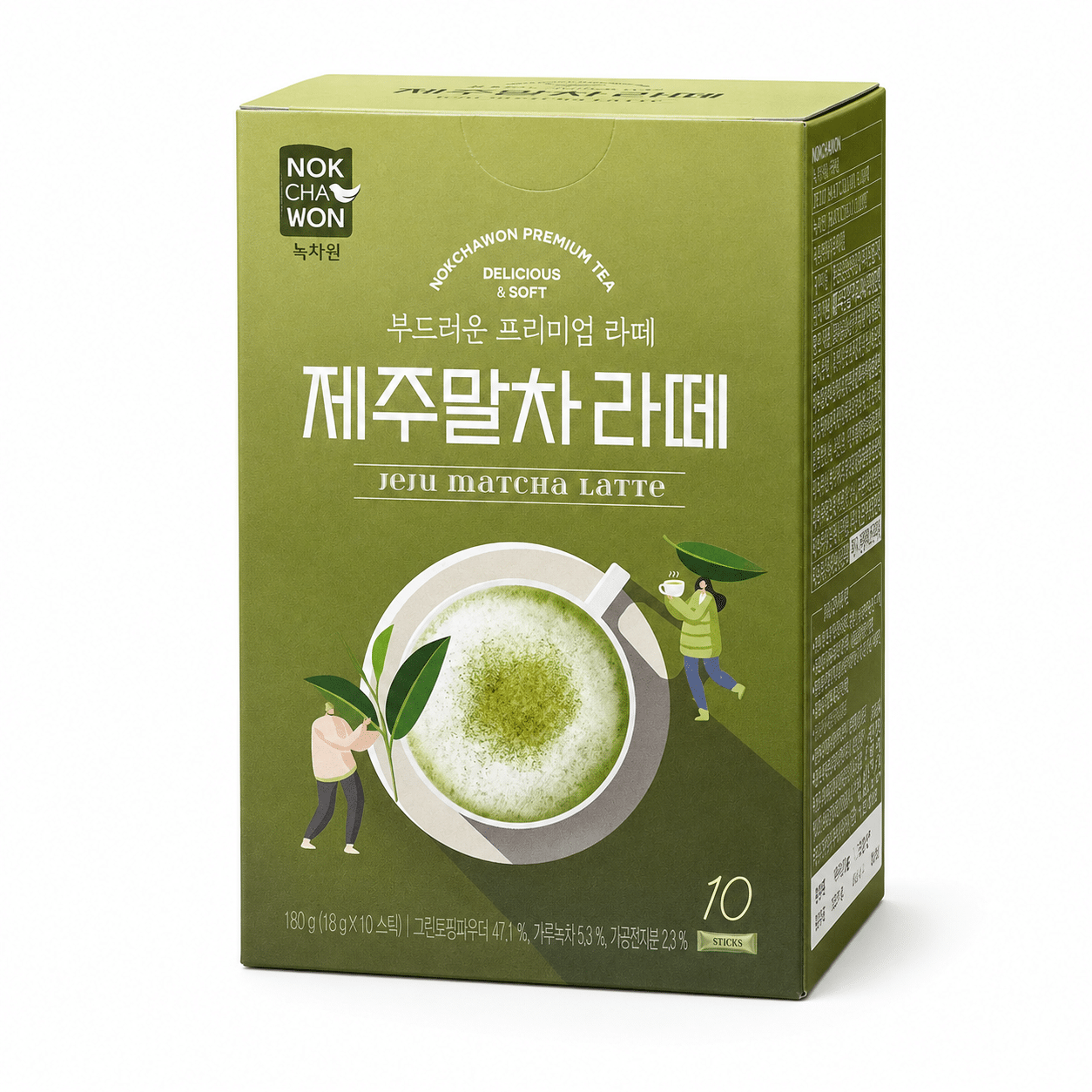 NokchawonJejuMatchaLatte10Sticks180gWhiteBackground | Snack Affair Archives Green box packaging for Jeju Matcha Latte mix with a cup of frothy matcha and small illustrations of people enjoying tea (informational product image).