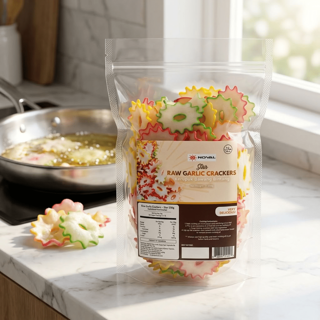 Noval Raw Garlic Crackers white backgrd | Snack Affair Archives Clear resealable bag of star-shaped, colorful raw garlic crackers on a marble kitchen counter, with a pan in the background and a label reading 'Raw Garlic Crackers'