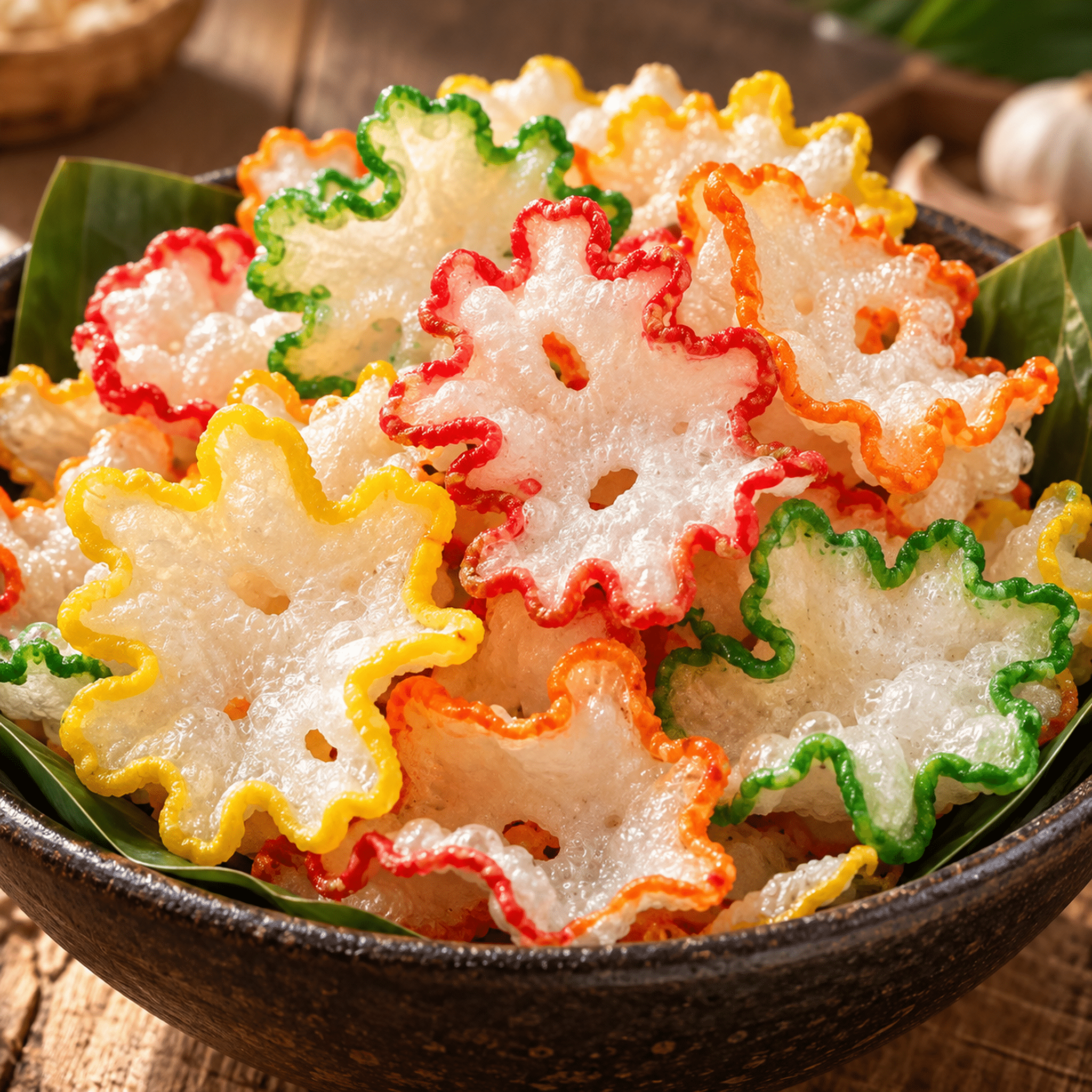 Noval Star Raw Garlic Crackers 250g Fried Snack Close Up | Snack Affair Archives Colorful shrimp crackers piled in a dark bowl on a banana leaf, ready to serve as a snack.