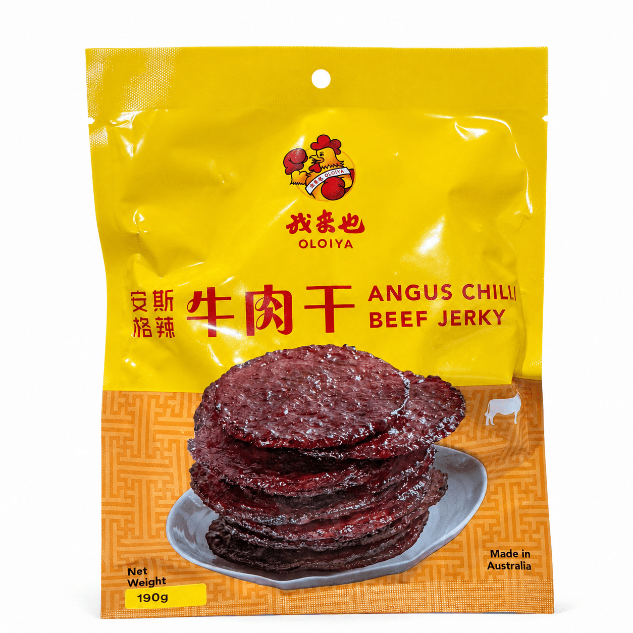 OloiyaAngusChilliBeefJerky | Snack Affair Archives Yellow OLOIYA beef jerky package featuring a stack of sliced, chili-covered beef jerky on a plate; reads 'ANGUS CHILLI BEEF JERKY' and 'Made in Australia' with a net weight of 190g.