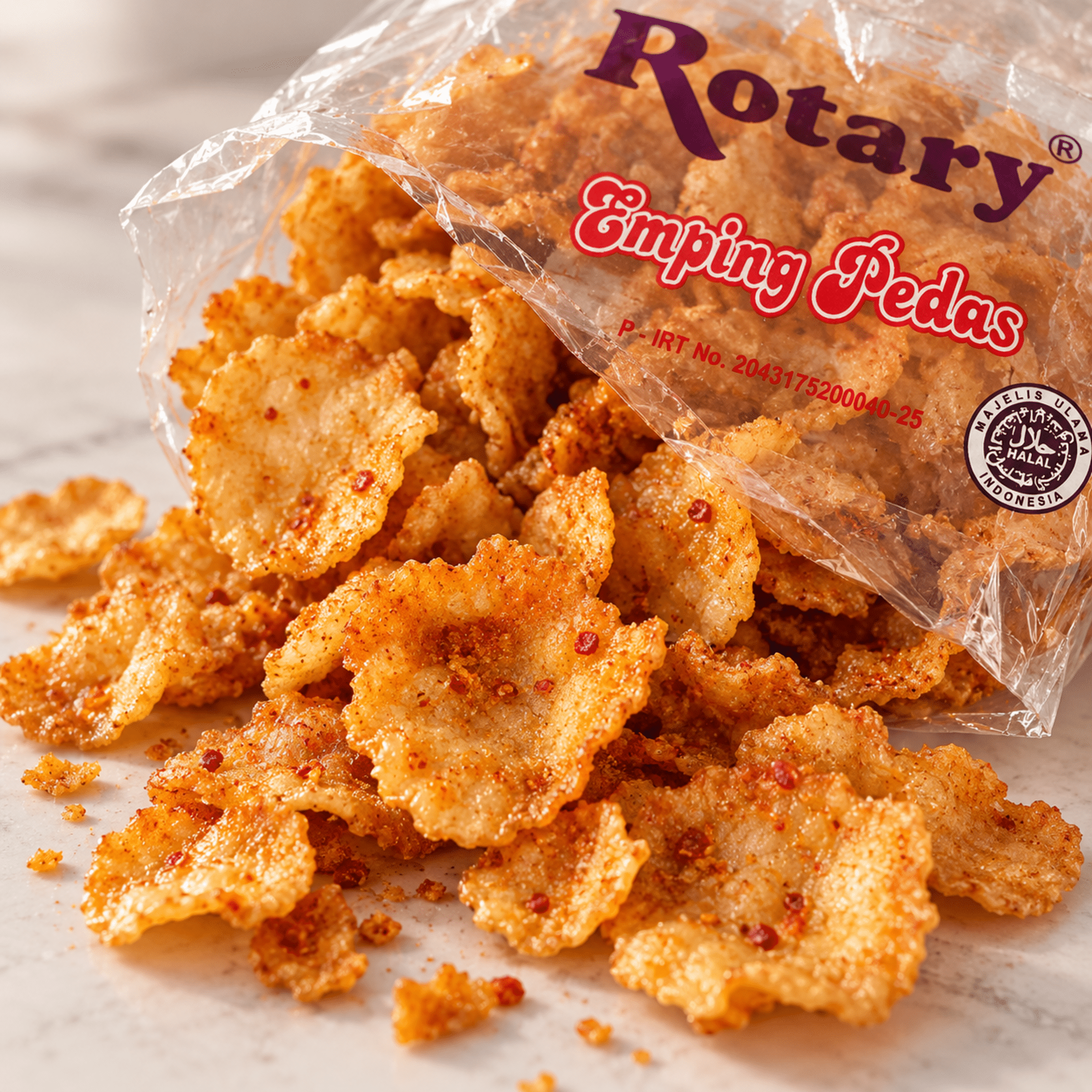 Rotary Emping Pedas 150g Close Up | Snack Affair Archives Close-up of orange chili-seasoned crispy crackers spilled from a torn plastic bag on a marble surface.