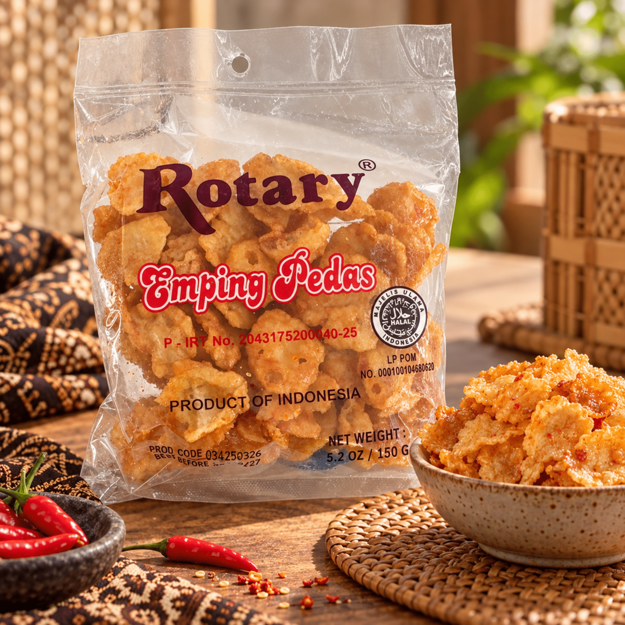 Rotary Emping Pedas 150g Lifestyle | Snack Affair Archives Bag of Rotary Emping Pedas Indonesian crackers on a wooden table with red chili peppers nearby.