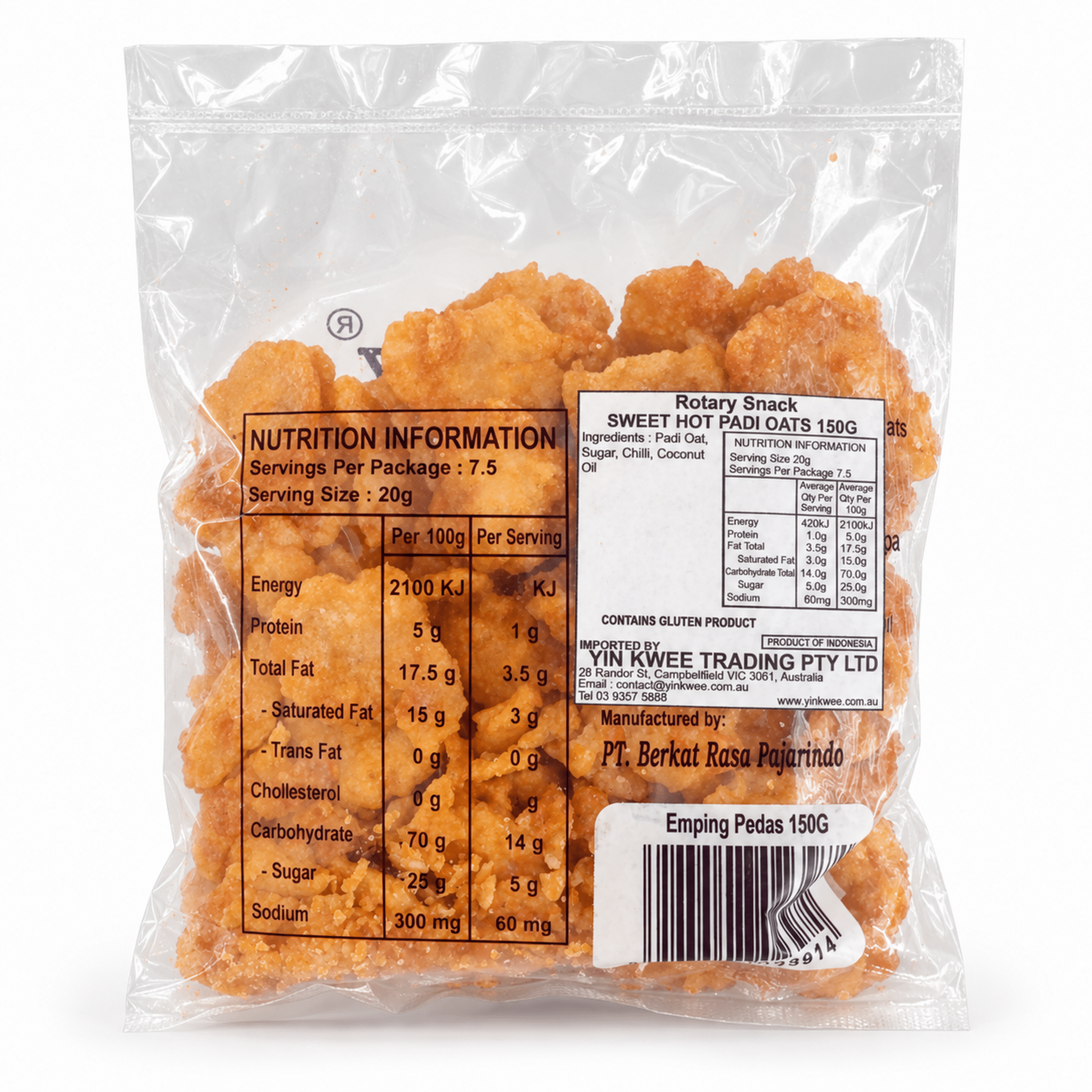 Rotary Emping Pedas 150g White Background Back | Snack Affair Archives Transparent bag containing orange fried snack pieces with a nutrition information panel on the front label, visible text and barcode present.
