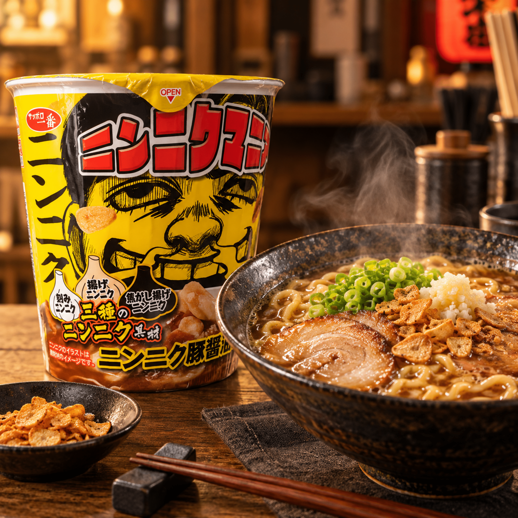 Sapporo Ichiban Garlic Pork Soy Sauce Ramen Lifestyle | Snack Affair Archives Oversized yellow Japanese instant ramen cup beside steaming bowls of ramen topped with green onions and crunchy bits.