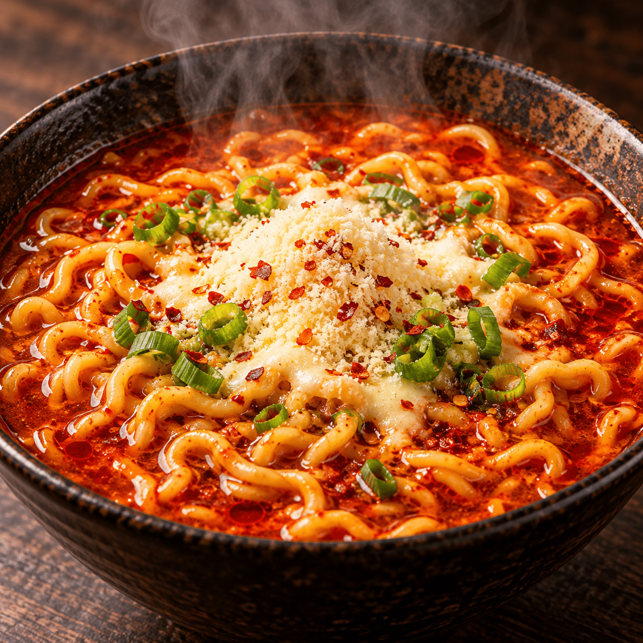 Sapporo Ichiban Gokukara Spicy Miso Ramen Cooked Noodles Close Up | Snack Affair Archives Steaming bowl of spicy red noodle soup with thick udon noodles, garnished with green onions and red chili flakes, topped with grated cheese.