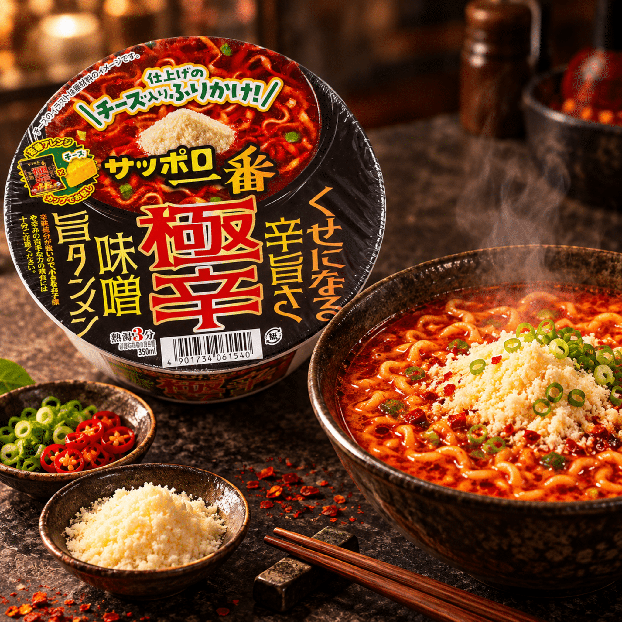 Sapporo Ichiban Gokukara Spicy Miso Ramen Lifestyle | Snack Affair Archives Cup-style instant noodles with a spicy red broth and cheese topping, flanked by bowls of ramen and rice on a dark surface.