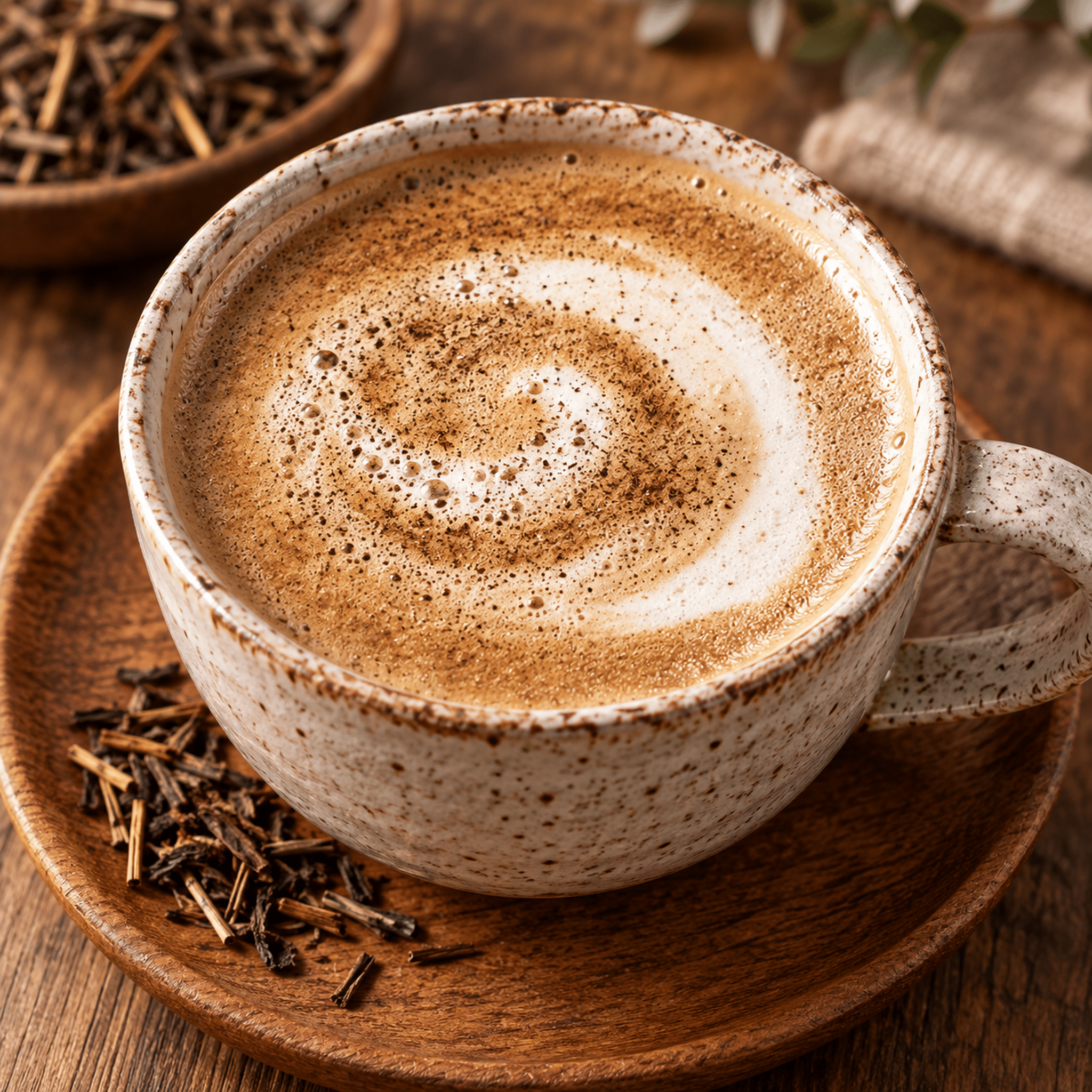 Tea Tsuboichi Hojicha Latte Mix 80g Brewed Drink Close Up | Snack Affair Archives Close-up of a white speckled mug filled with frothy cappuccino dusted with cinnamon, on a wooden tray with straw nearby.