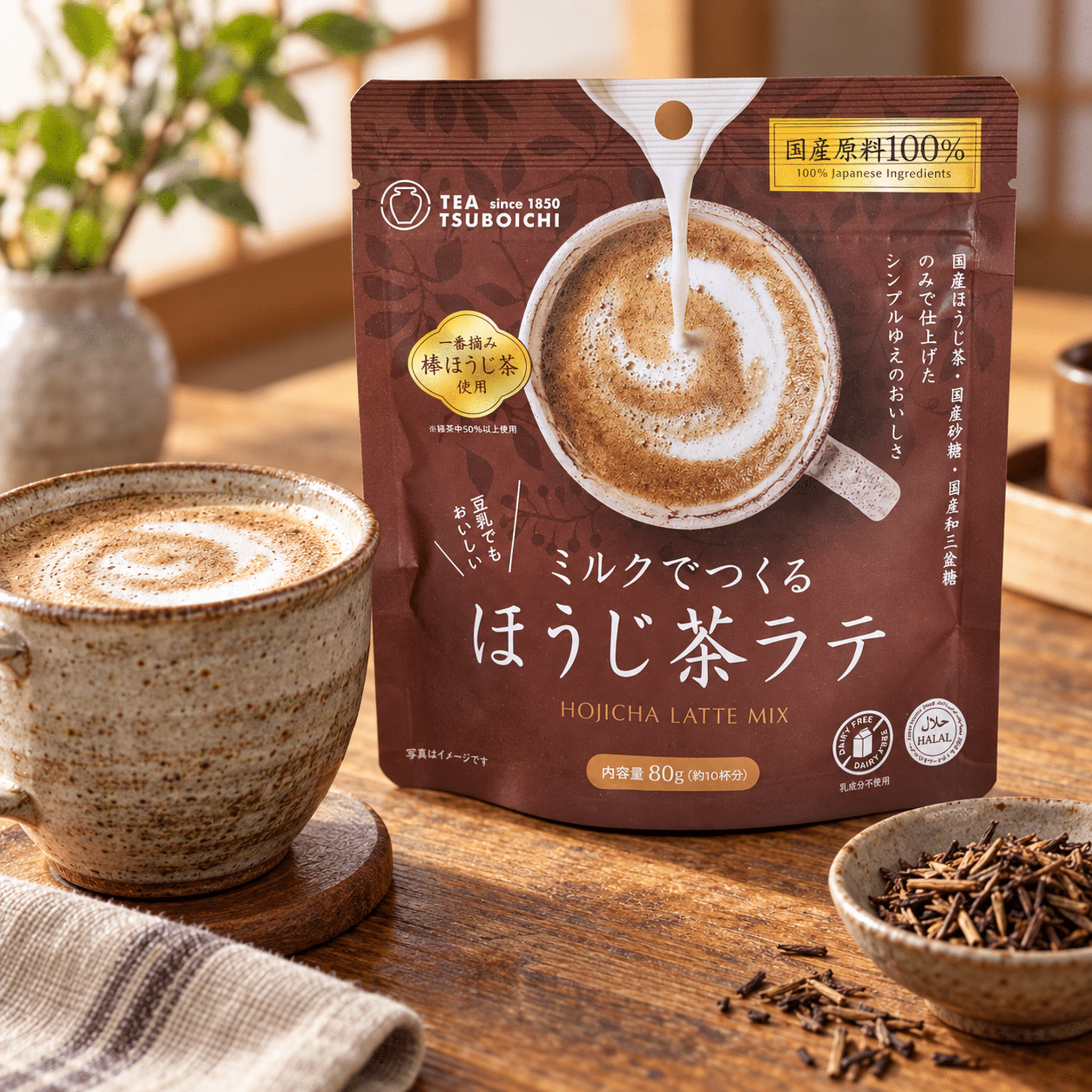 Tea Tsuboichi Hojicha Latte Mix 80g Lifestyle | Snack Affair Archives Close-up of a brown hojicha latte mix package on a wooden table, with a speckled mug of latte in the foreground and loose tea leaves nearby.