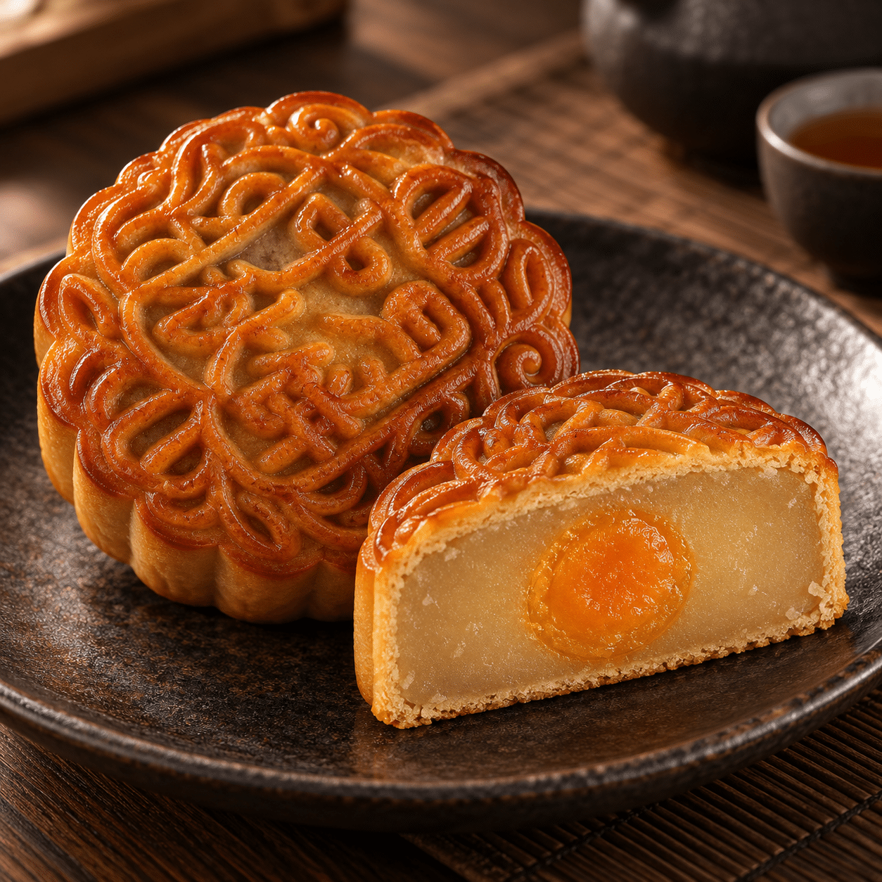 Whitelotusmooncakewithoneyolk | Snack Affair Archives Mooncake with an ornate lattice top, sliced to show pale filling and a bright orange salted egg yolk center on a dark plate.