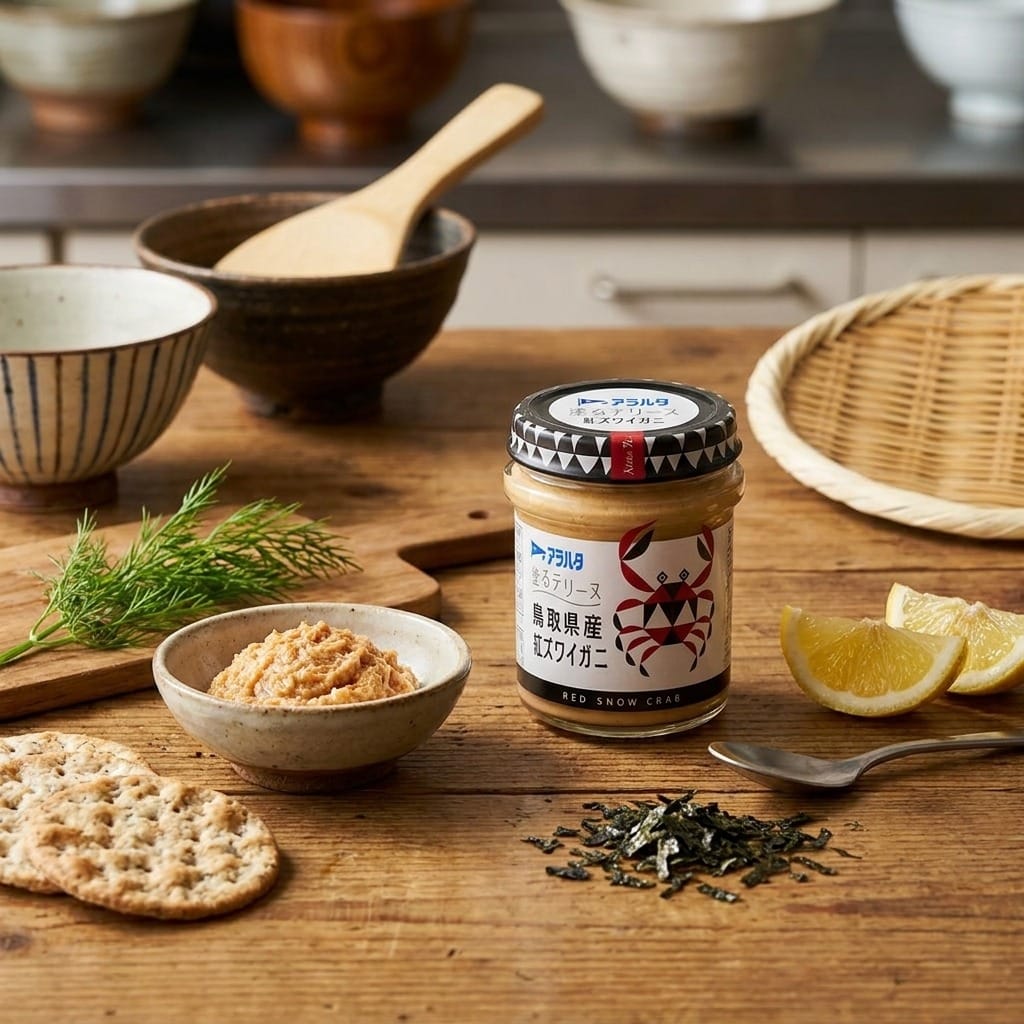 aohatanuruterrinetottorikenredsnowcrablifestyle | Snack Affair Archives Jar of Japanese crab pâté labeled Red Snow Crab on a rustic wooden table with crackers, lemon wedges, and herbs nearby.