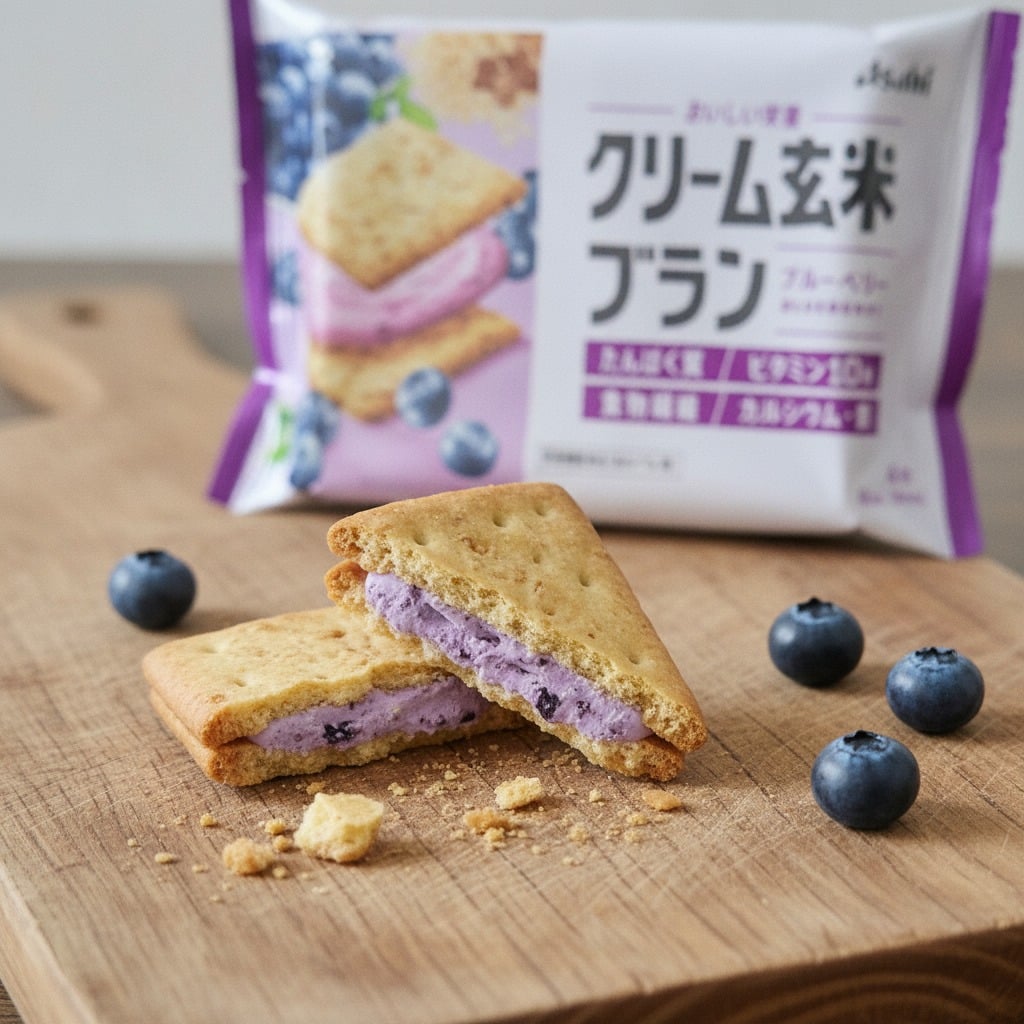 asahicreamgenmaibranblueberry4maicloseup | Snack Affair Archives Purple-filled blueberry sandwich cookie halves on a wooden board with blueberries and a blueberry-themed package in the background.