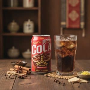 Red Mitsuya cola can beside a glass of iced cola on a wooden table, surrounded by cinnamon sticks and star anise.