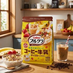 Bright yellow Calbee cereal bag on a kitchen counter with a glass of iced coffee and a bowl of yogurt with granola nearby, sunlit scene.