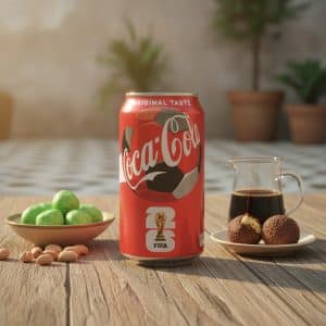 Red Coca‑Cola can with FIFA World Cup branding on a wooden table, flanked by a plate of green nuts, a pitcher of dark beverage, and chocolate truffles.