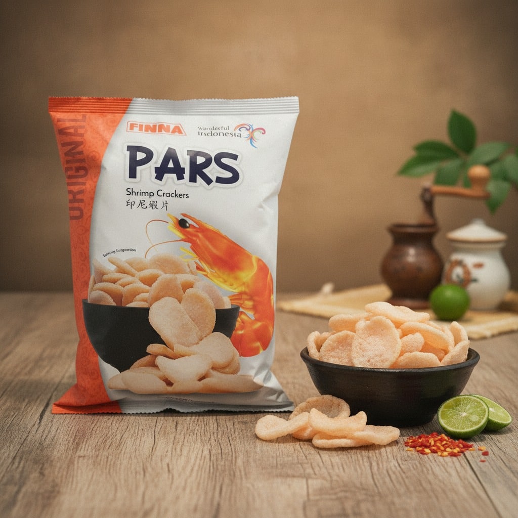 finnaparsshrimpcrackerslifestyle | Snack Affair Archives Bag of Pars shrimp crackers beside a bowl of crackers on a wooden table, with lime wedges and chili flakes in view.