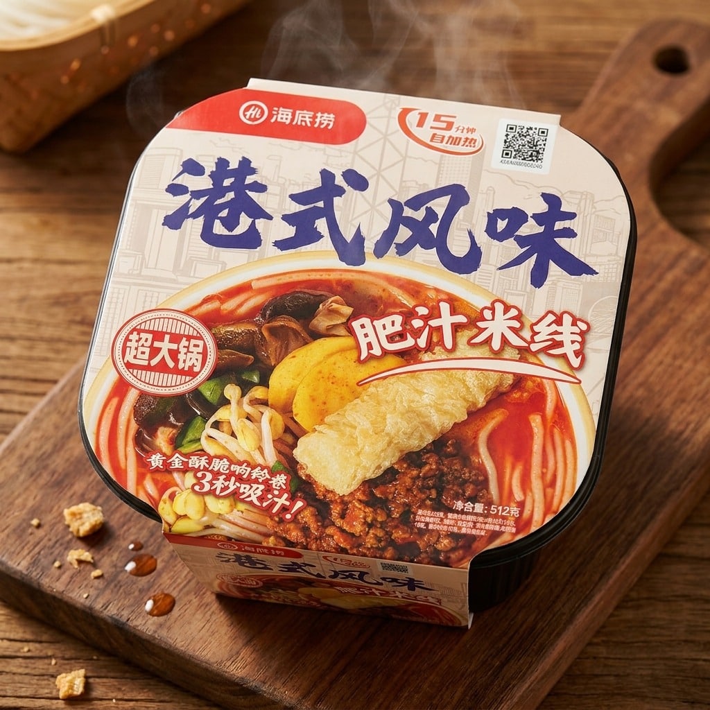haidilaogangshifengweifeizhimixian512gcloseup | Snack Affair Archives Package of instant noodles with red broth and toppings like vegetables and meat, labeled in Chinese characters, on a wooden board.