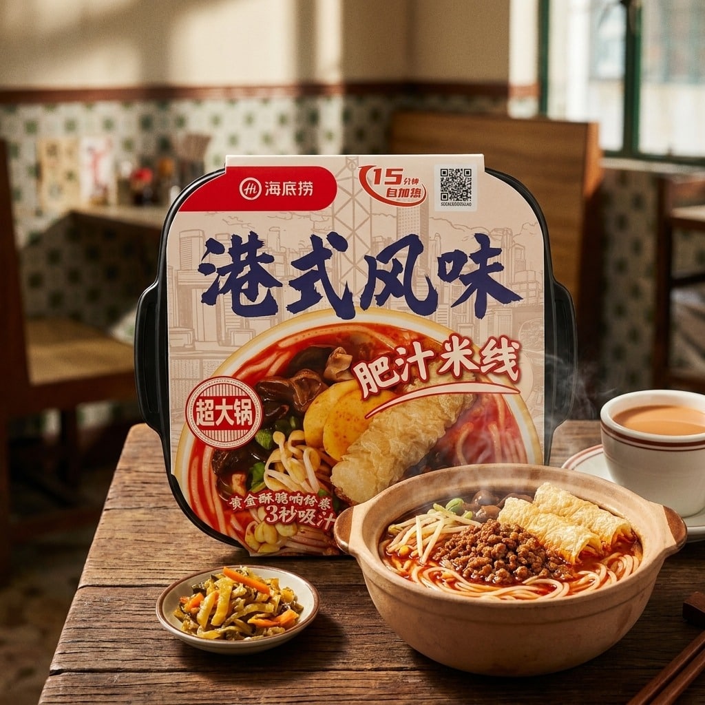 haidilaogangshifengweifeizhimixian512glifestyle | Snack Affair Archives Instant noodle package on a wooden table with a bowl of prepared noodles, side dish, and a cup of tea nearby.