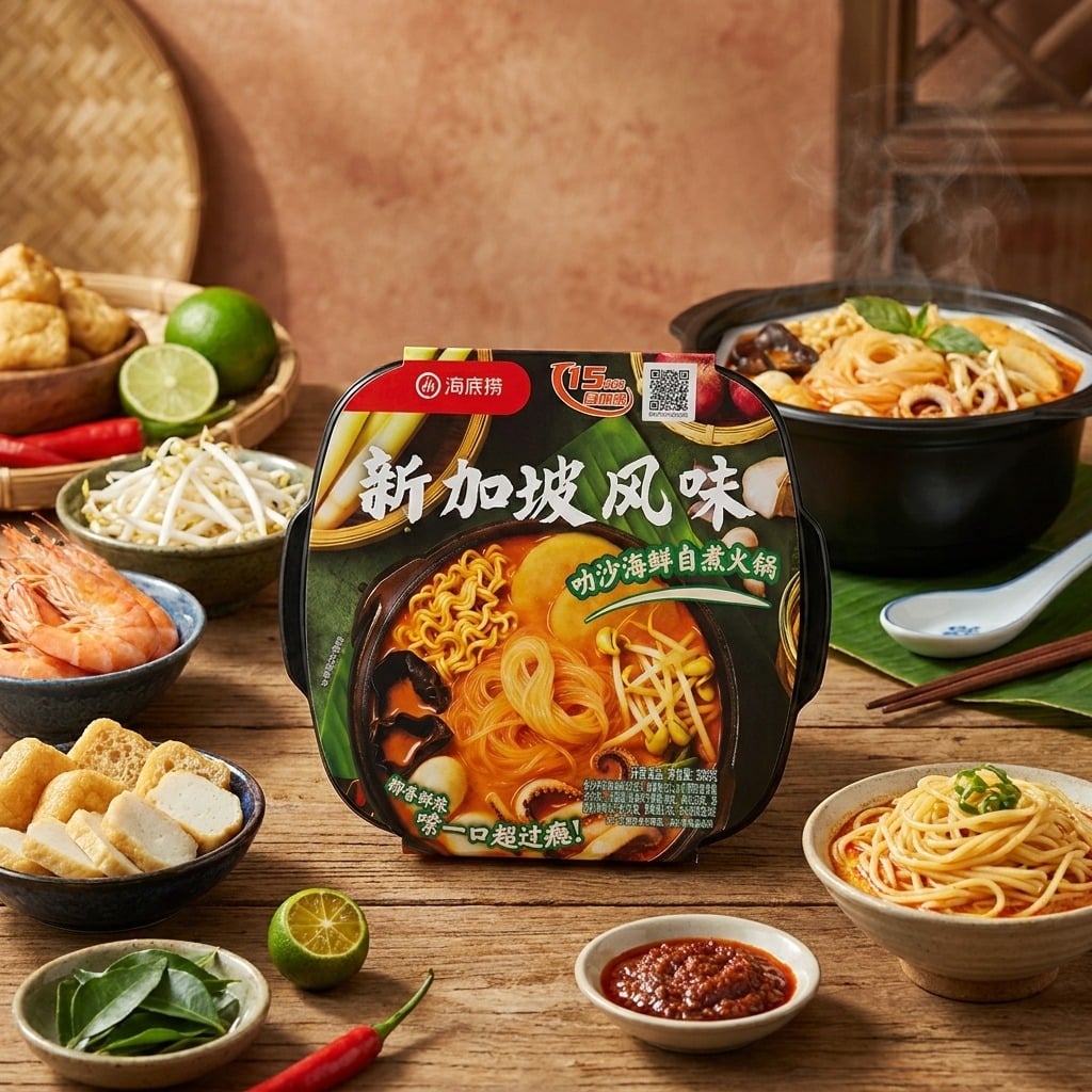 haidilaosingaporeflavorcurryseafoodselfboilinghotpot368glifestyle | Snack Affair Archives Instant noodle cup with Chinese characters on label, surrounded by bowls of ingredients and a steaming pot in the background.