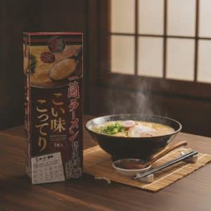 Steaming bowl of ramen with pork slice, green onions, and narutomaki on a wooden table next to a boxed ramen package.
