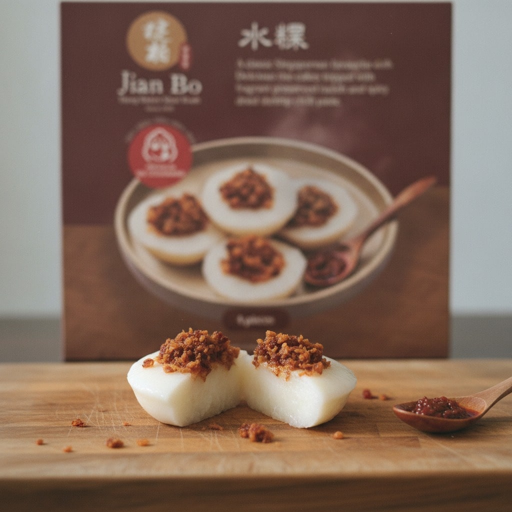 jianbotiongbahrushuikuehchweekueh4piecescloseup | Snack Affair Archives Two white steamed rice cakes topped with crispy brown crumble on a wooden board, with the product box blurred in the background.