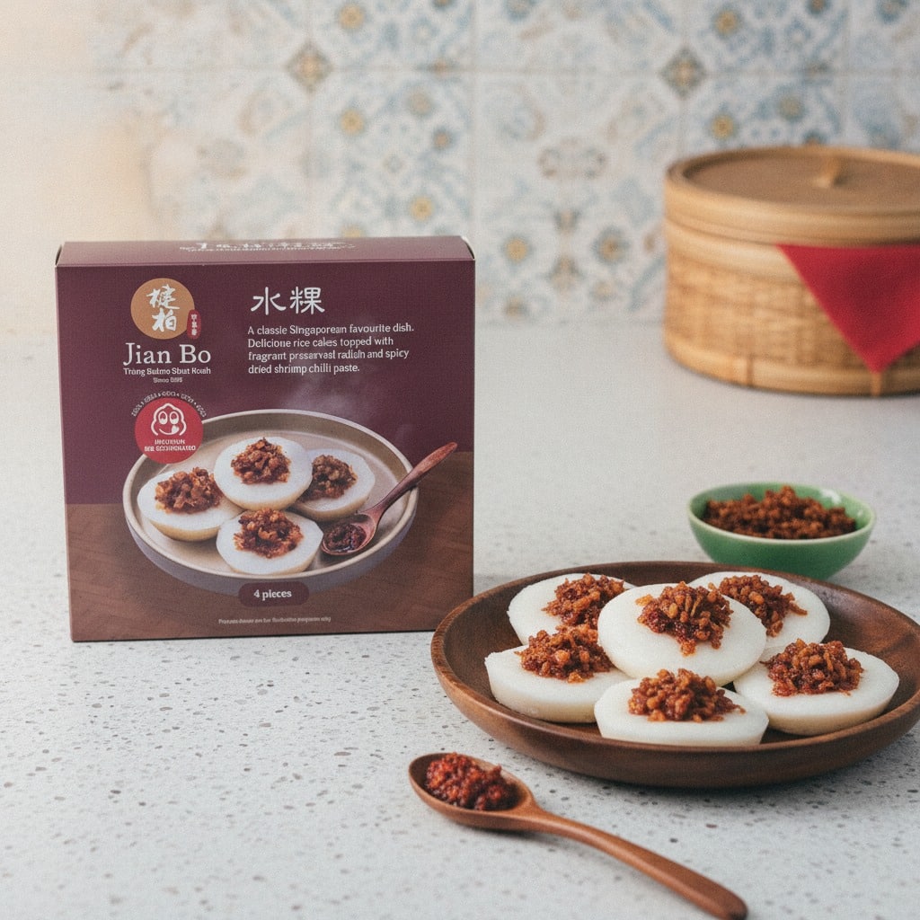 jianbotiongbahrushuikuehchweekueh4pieceslifestyle | Snack Affair Archives Boxed Jian Bo dim sum beside a plate of white steamed rice cakes topped with spicy minced meat on a kitchen counter.