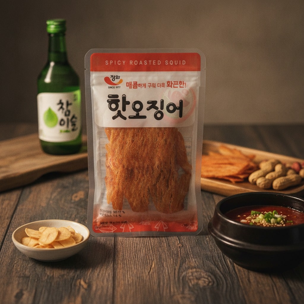 junghwahotojingeo35glifestyle | Snack Affair Archives Front-facing package of spicy roasted squid snack on a wooden table, with a bottle of soju and bowls of chips and sauce in the background.