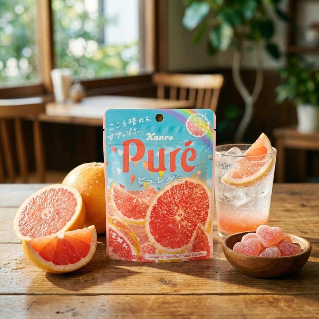 kanropuregummy52glifestyle | Snack Affair Archives Front view of a Kanro Puré grapefruit gummy box on a wooden table, with grapefruit halves, a fizzy drink, and a bowl of pink heart-shaped candies nearby.