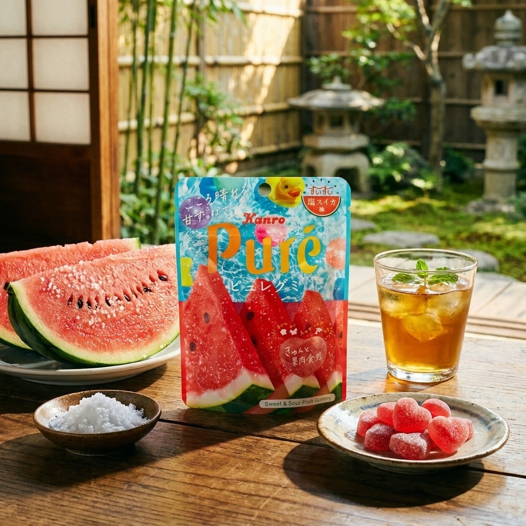 kanropuregummywatermelonlifestyle | Snack Affair Archives Watermelon slices on a plate beside a Kanro Pure gummy box, with a glass of iced tea and a plate of pink gummies outdoors on a wooden table.