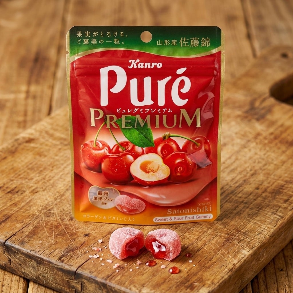 kanropurepremiumsweetsourfruitgummysatonishikicherrycloseup | Snack Affair Archives Red Kanro Pure Premium cherry gummy bag on a wooden cutting board with two cut gummies in front, dusted with sugar crystals.