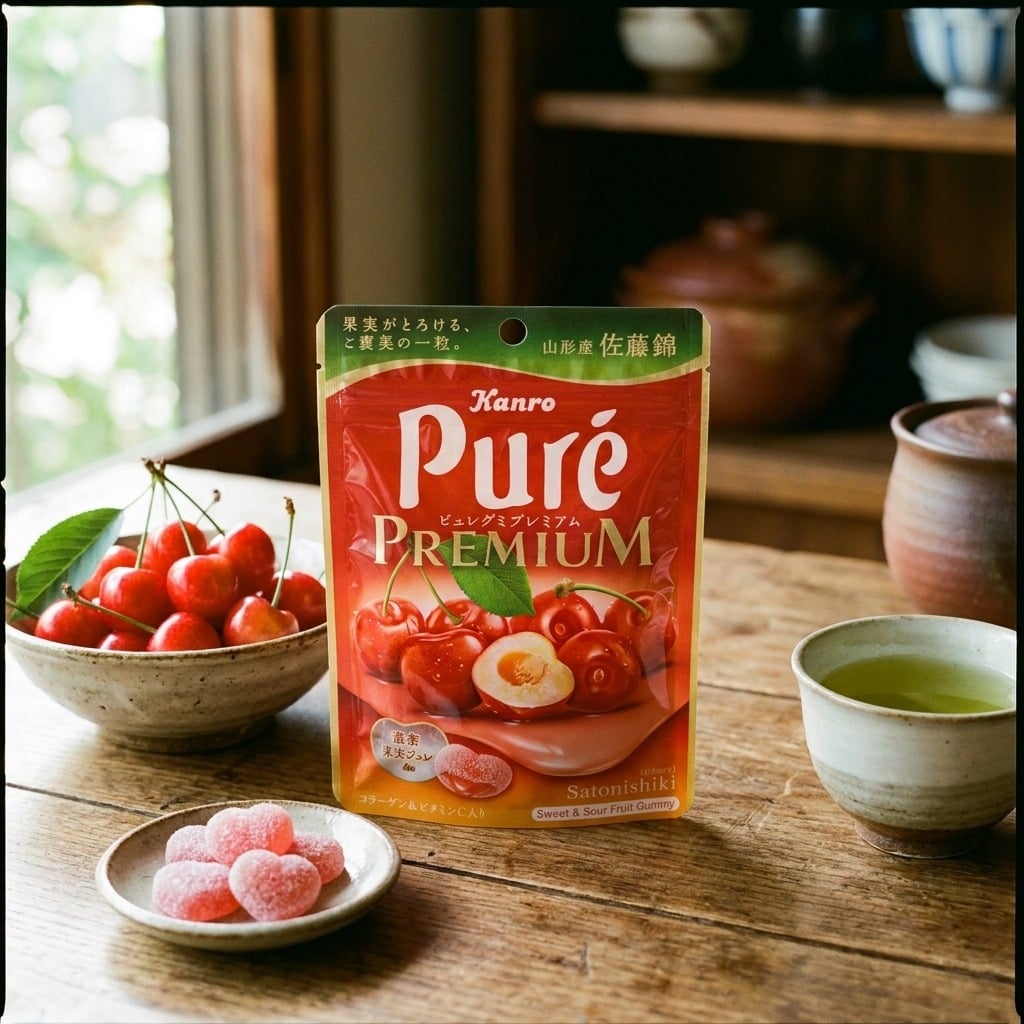 kanropurepremiumsweetsourfruitgummysatonishikicherrylifestyle | Snack Affair Archives Package of Kanro Puré Premium cherry gummies on a wooden table beside a bowl of cherries and a small plate of pink gummies with a cup of green tea nearby.