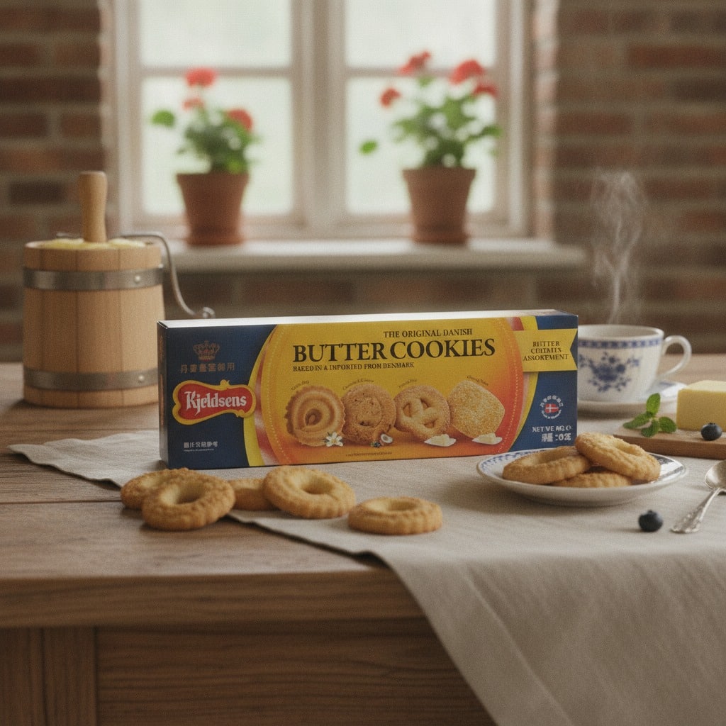 kjeldsenstheoriginaldanishbuttercookiesnetwt90glifestyle | Snack Affair Archives Box of Kjeldsens Butter Cookies on a wooden table with cookies scattered nearby and a steaming mug in a cozy kitchen setting.
