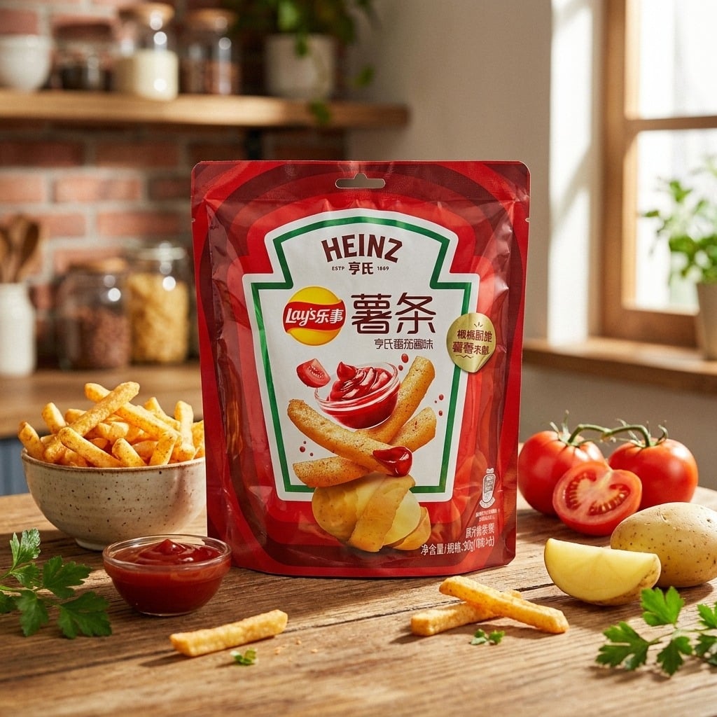 laysshuxintiaopucifanjiaojiangwei30glifestyle | Snack Affair Archives Front-and-center Heinz Lay's potato chips bag on a wooden table, with fries, ketchup dip, tomatoes, and potatoes in a bright kitchen.