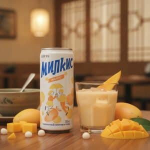 Can of mango-flavored milk beside a glass of milk drink on a wooden table with mango chunks and cheese cubes; warm indoor setting.