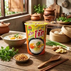 Cup of Thai instant noodles on a wooden table, surrounded by herbs and a steaming bowl of soup on the left.