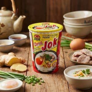 Cup of Jok instant rice porridge pork flavor surrounded by ingredients on a wooden table