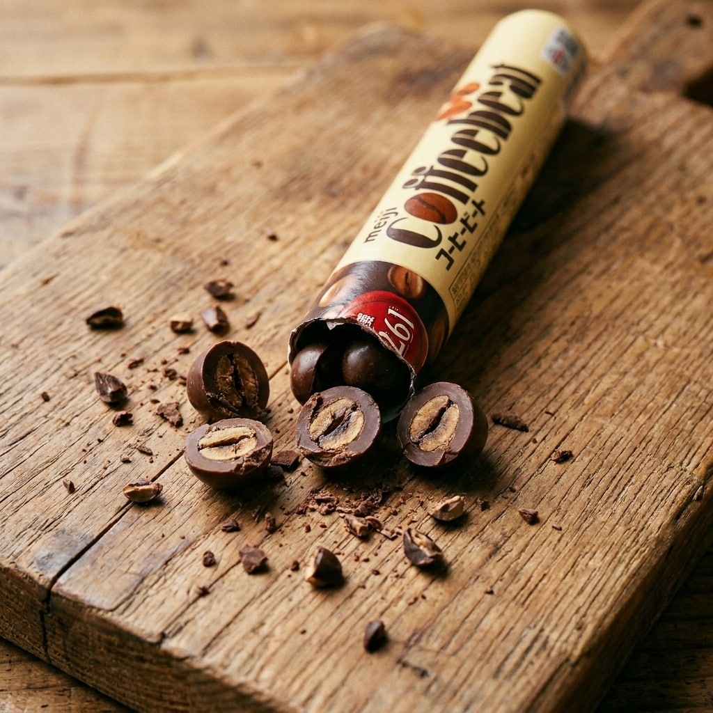 meijicoffeebeat105gcloseup | Snack Affair Archives Chocolate-filled candy pieces spill from a beige wrapper onto a rustic wooden board, cross-sections revealing nut centers inside each piece.