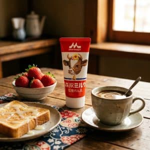 Archives Breakfast table with strawberries, toast, latte, and a Morinaga milk carton on a wooden table.