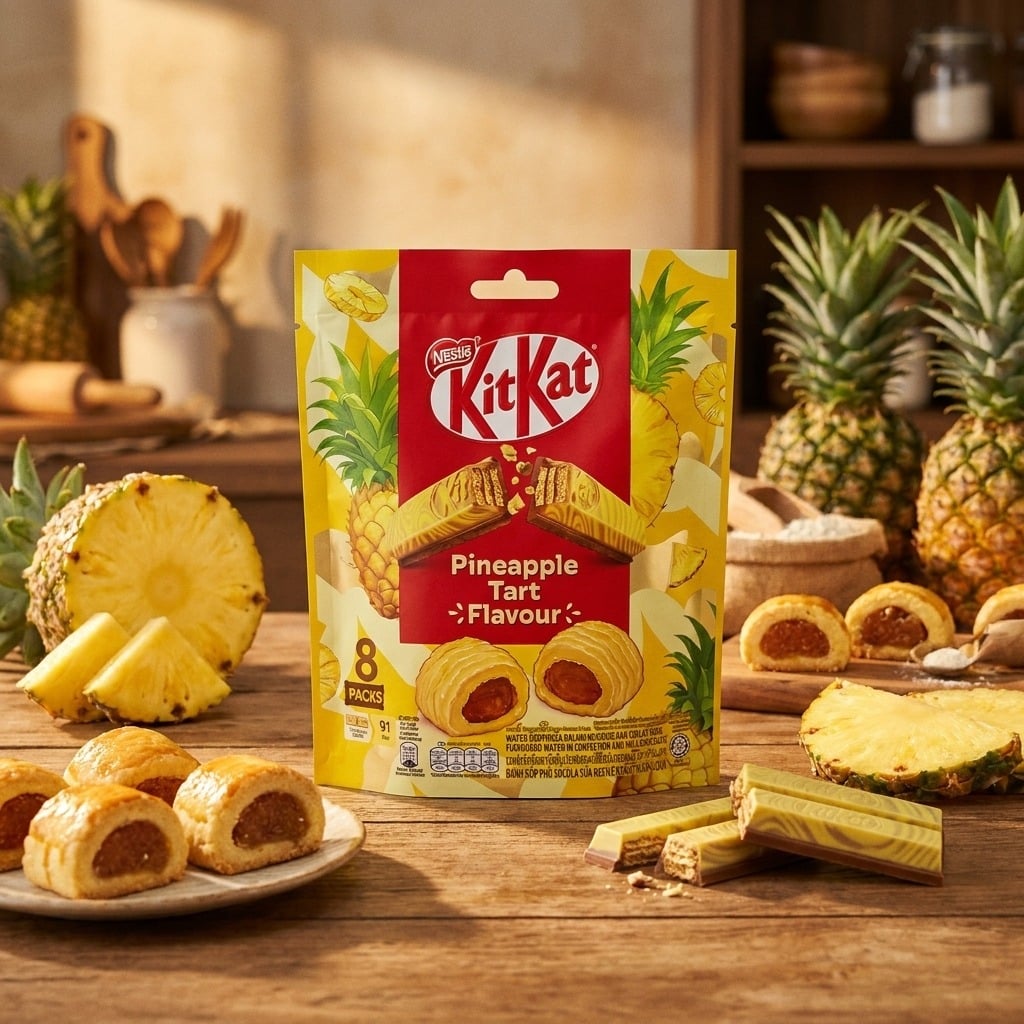 nestlekitkatpineappletartflavour8packslifestyle | Snack Affair Archives Box of KitKat Pineapple Tart flavor on a wooden table, surrounded by pineapple and pastries in a tropical kitchen scene.